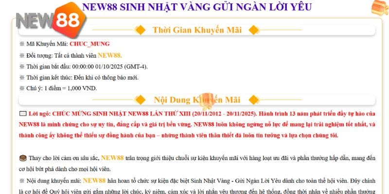 Sự kiện sinh nhật New88 đặc biệt